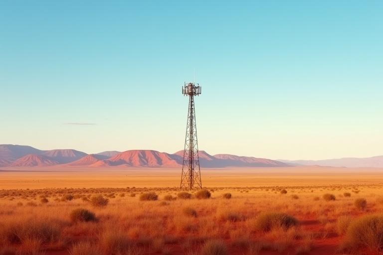 Vast Australian outback landscape with a modern mobile phone tower in the distance symbolizing connectivity.